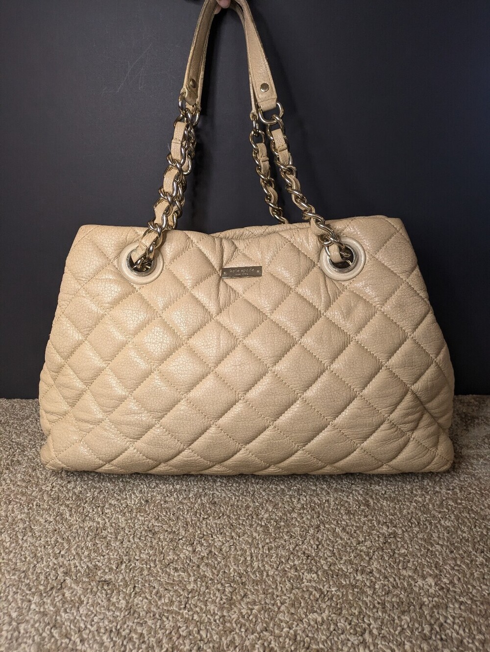 Kate Spade Gold Coast Maryanne Satchel Purse Beige Cream Quilted Pebbled Leather